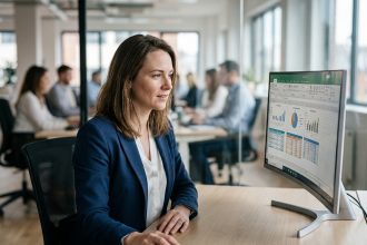 Femme professionnelle utilisant Microsoft Excel dans un bureau moderne en entreprise