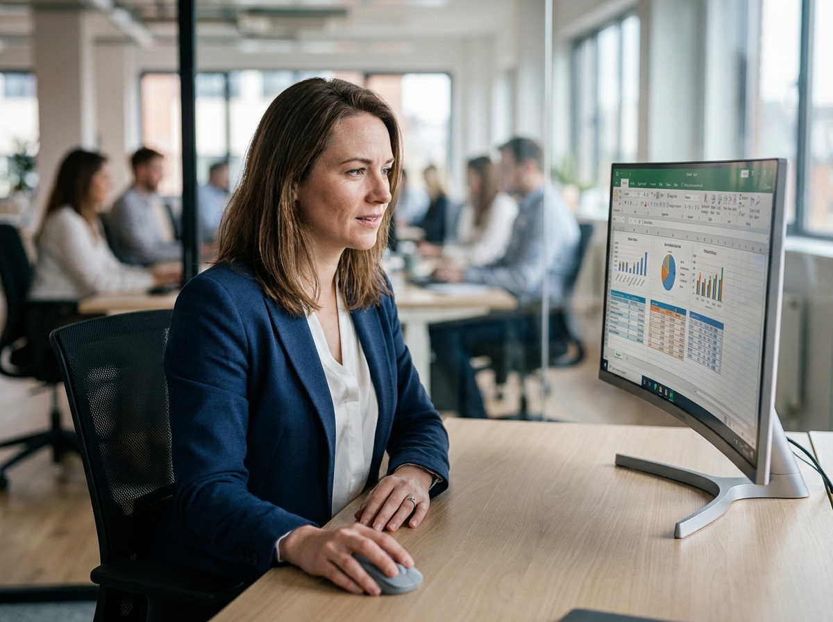 Femme professionnelle utilisant Microsoft Excel dans un bureau moderne en entreprise