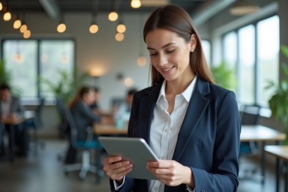 Femme d'affaires en blazer bleu examine une tablette dans un espace de coworking