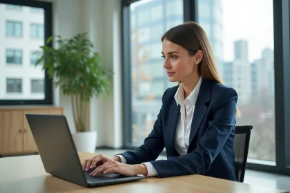 Femme professionnelle consultant le portail métier 76 sur son ordinateur portable dans un bureau moderne