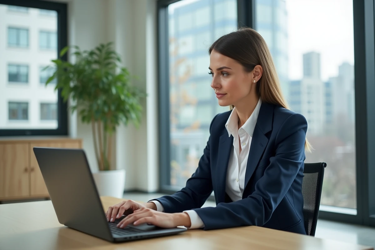 Femme professionnelle consultant le portail métier 76 sur son ordinateur portable dans un bureau moderne