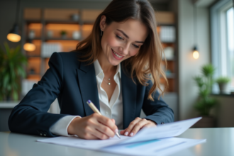 Femme professionnelle en revue de son CV dans un bureau moderne