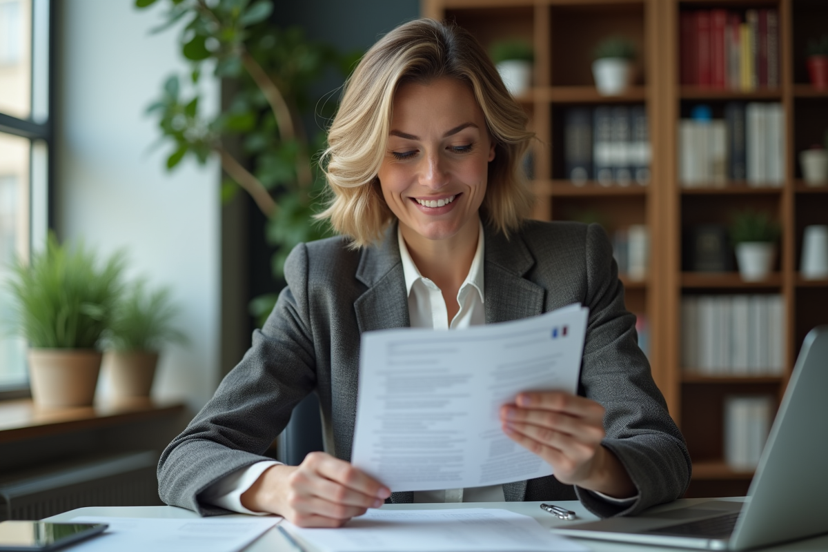 Femme professionnelle en revue de CV dans un bureau moderne