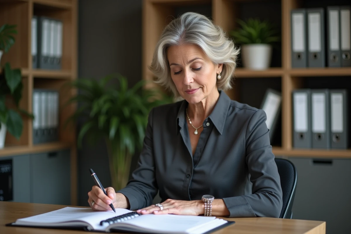 Femme professionnelle examine un portfolio dans un bureau