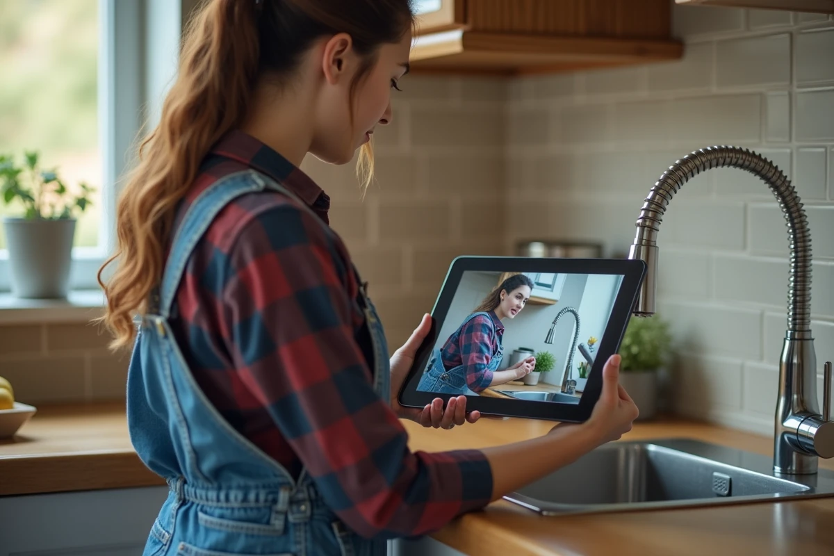 Jeune femme regarde une vidéo DIY sur un tablet en réparant un robinet