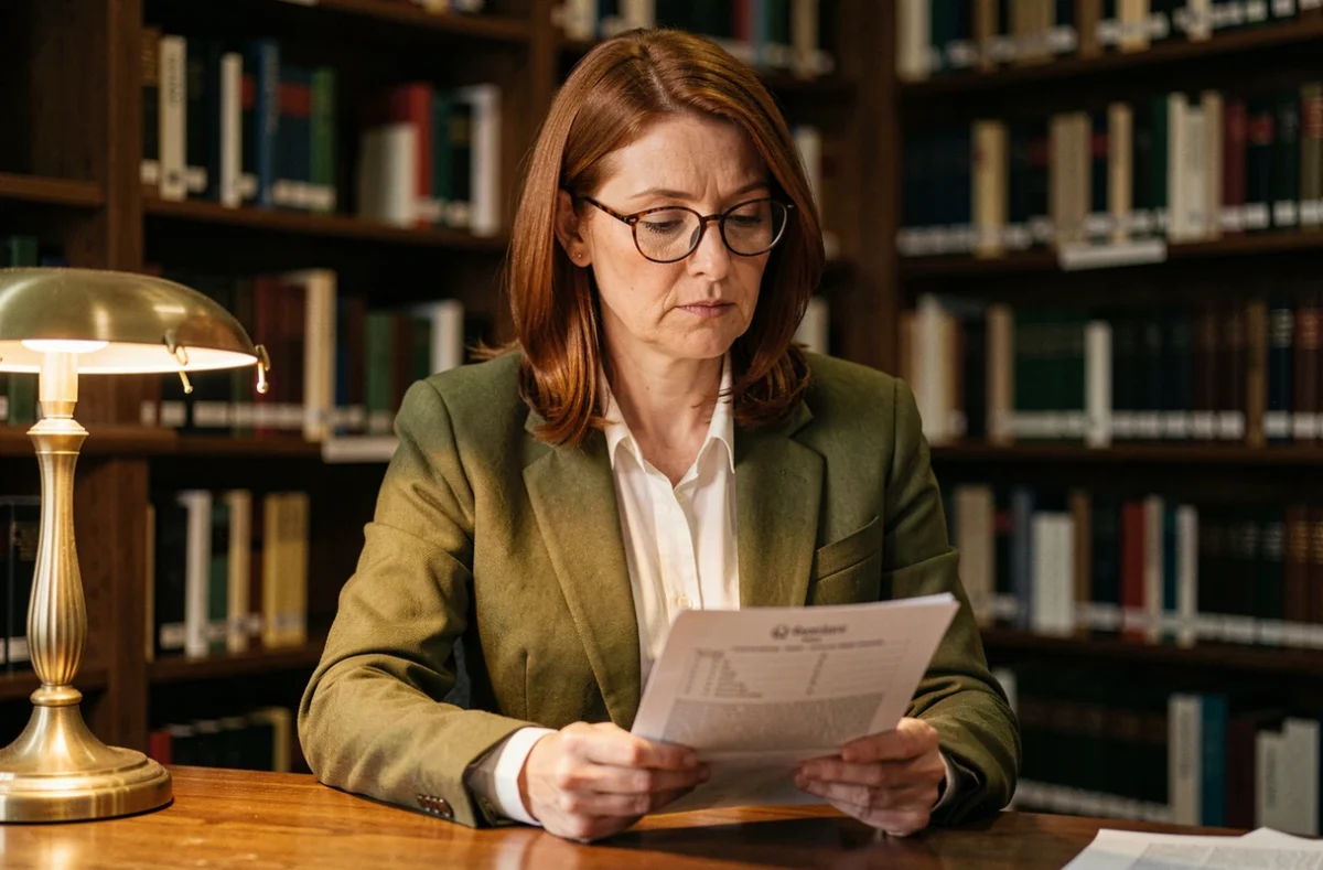 Femme avec lunettes analysant les résultats d'un test de QI dans une bibliothèque universitaire