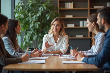 Femme en réunion de travail dans un bureau moderne