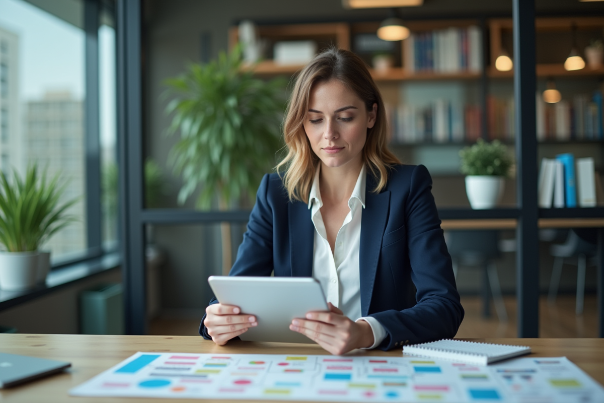 Femme professionnelle en réunion avec carte mentale sur tablette