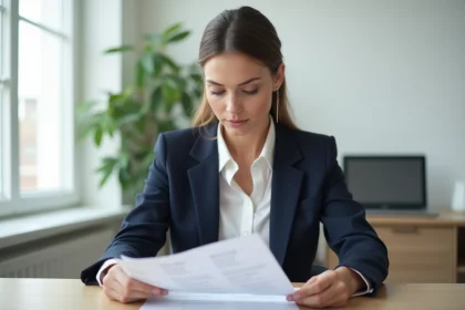 Femme professionnelle révisant son CV sur papier dans un bureau à domicile organisé et moderne