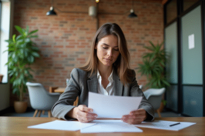 Femme française en coworking avec documents startup