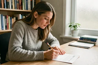 Femme concentrée remplissant un test de QI imprimé à son bureau à domicile