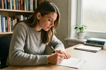 Femme concentrée remplissant un test de QI imprimé à son bureau à domicile