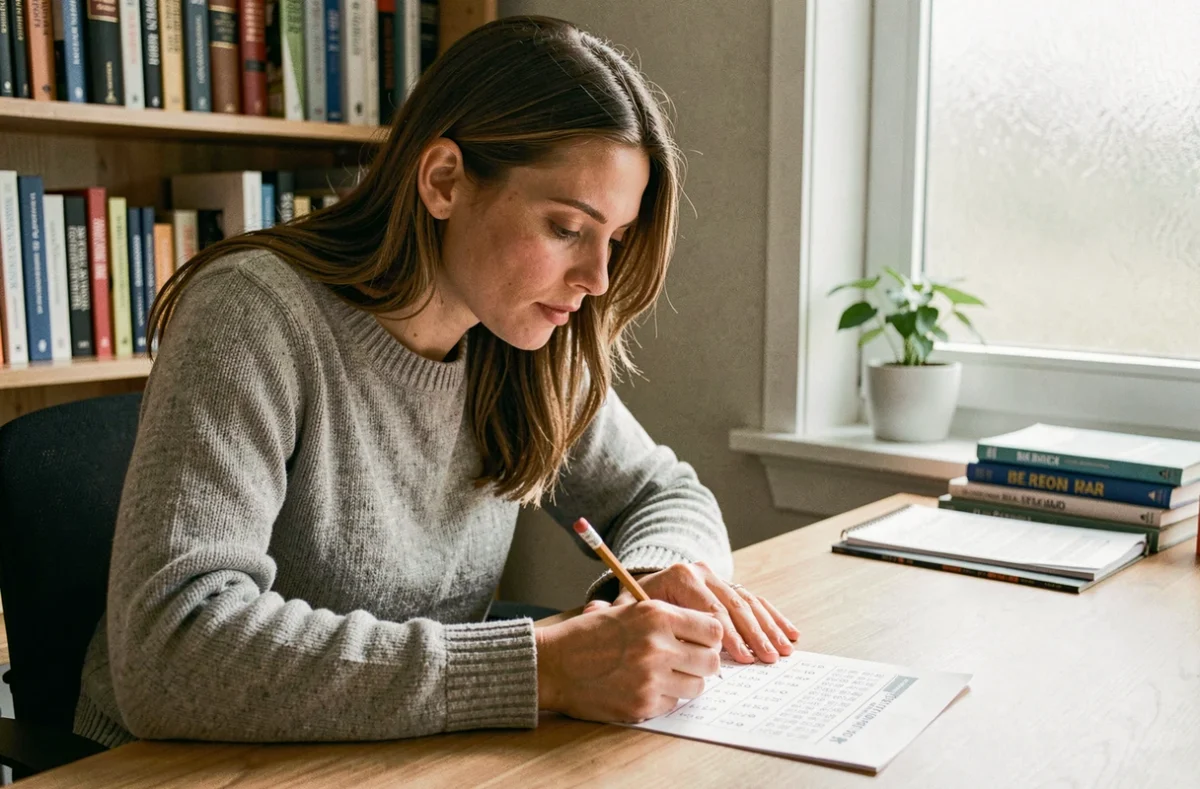 Femme concentrée remplissant un test de QI imprimé à son bureau à domicile