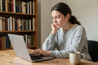 Femme concentrée passant un test de QI en ligne sur un ordinateur portable dans un bureau à domicile