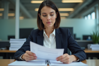 Femme en bureau administratif lisant des documents officiels