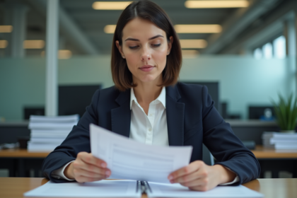 Femme en bureau administratif lisant des documents officiels