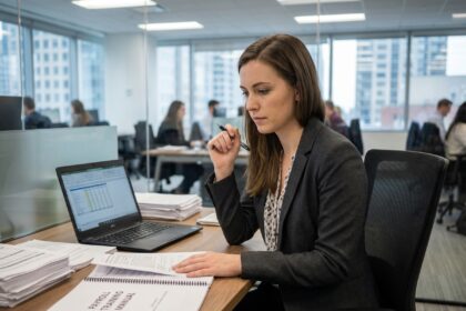 Femme en tenue businesscasual étudie un manuel de paie au bureau