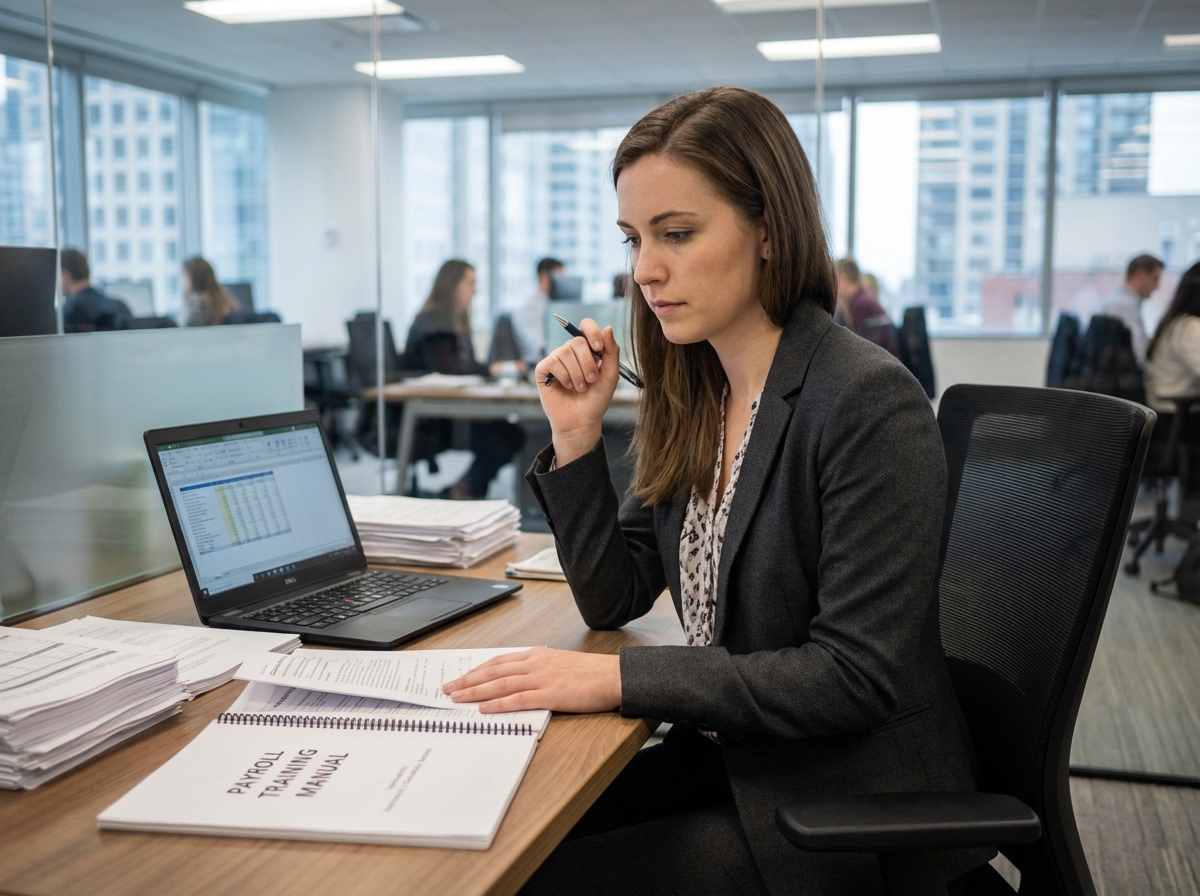 Femme en tenue businesscasual étudie un manuel de paie au bureau