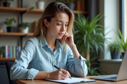 Jeune femme travaillant sur une tablette dans un bureau moderne