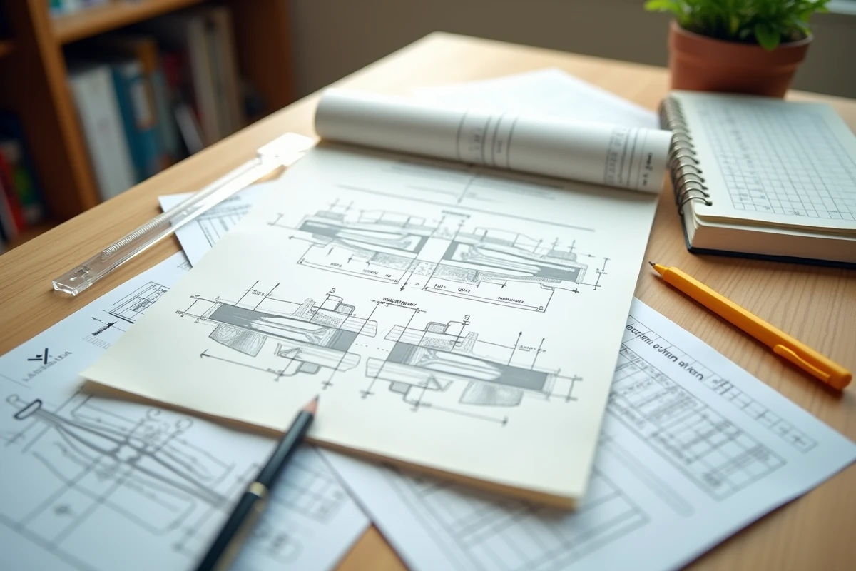 Fiche mémo imprimée de coupe longitudinale et transversale posée sur un bureau avec règle et stylo