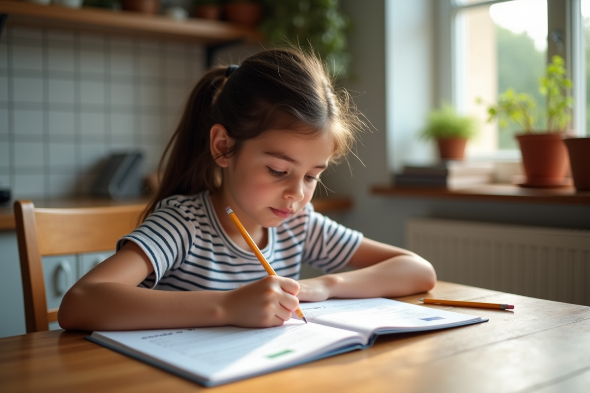 Jeune fille française concentrée sur son exercice à la maison