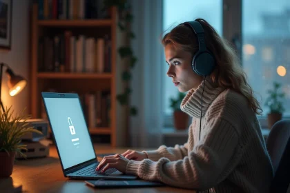 Jeune femme frustrée devant son ordinateur portable en appartement