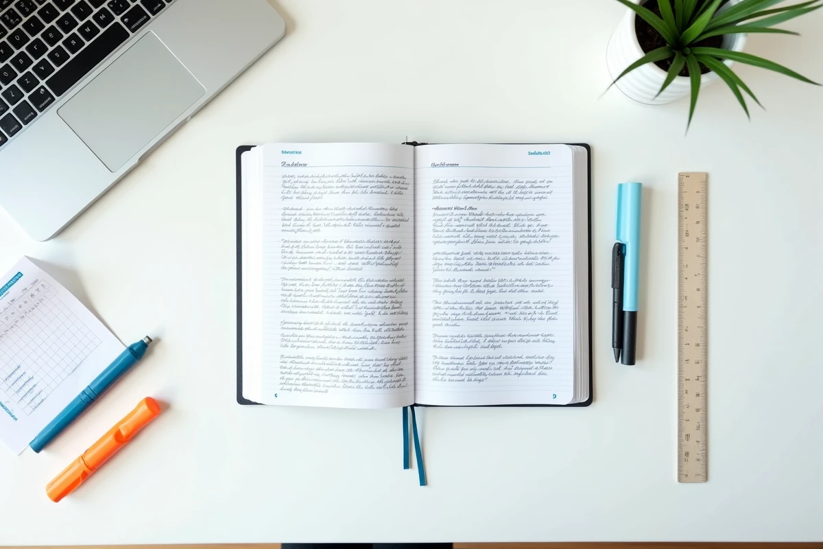 Vue en plongée d'un cahier de prépa ouvert avec fournitures scolaires et comparatif de prix sur un bureau blanc