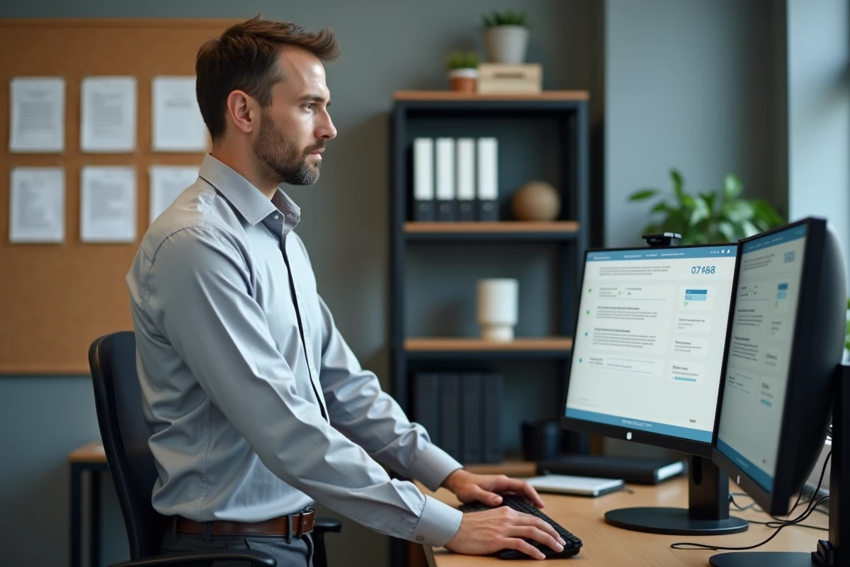 Fonctionnaire masculin utilisant un portail de gestion de carrière sur ordinateur dans un bureau administratif