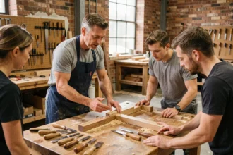 Formateur menuiserie expliquant une technique de joint en bois à des apprentis adultes dans un atelier professionnel
