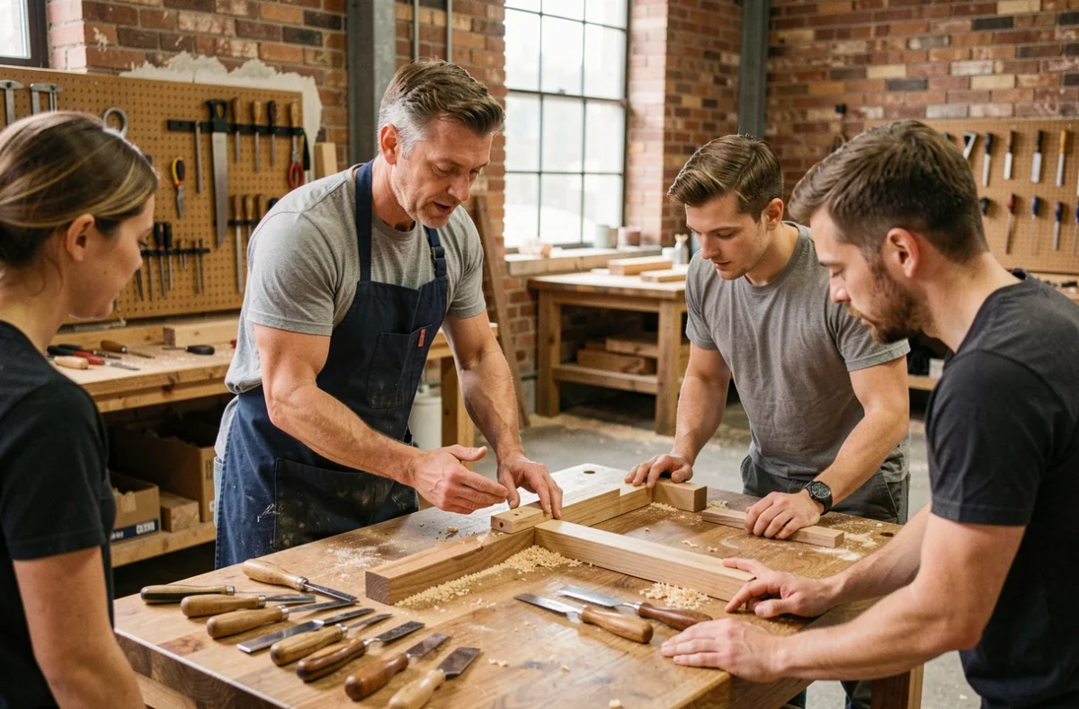 Formateur menuiserie expliquant une technique de joint en bois à des apprentis adultes dans un atelier professionnel