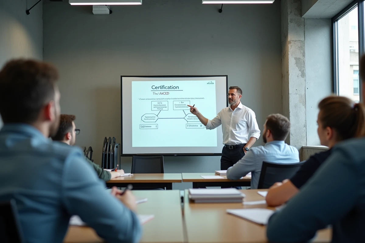 Formateur présentant le programme de certification ACACED en salle de formation professionnelle