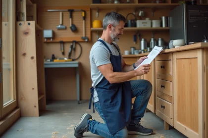 Homme adulte en tablier de bricolage étudiant des instructions dans un atelier domestique équipé d'outils, illustrant une formation bricolage à domicile financée par le CPF