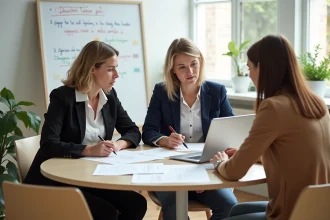 Trois enseignants nouveaux arrivants de l'Éducation nationale en formation à la PIA Académie Orléans Tours, autour d'une table avec des documents et un ordinateur portable