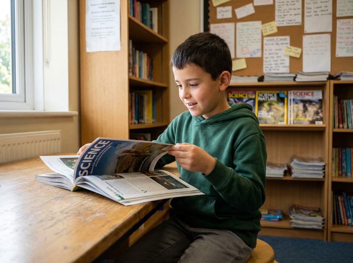 Garçon de 9 ans feuilletant un magazine de sciences et nature dans une bibliothèque scolaire