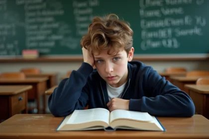 Jeune garçon en classe lisant un manuel de français