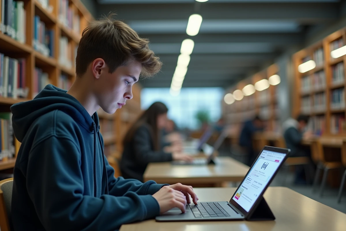 Adolescent en hoodie utilisant une tablette dans une bibliothèque universitaire