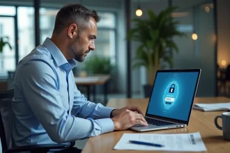 Gérant d'entreprise connecté à ELGEAWEB sur un ordinateur portable dans un bureau moderne sécurisé