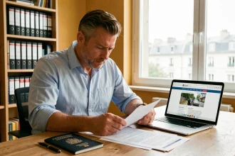 Expatrié gérant des documents administratifs français SCEI depuis son bureau à l'étranger
