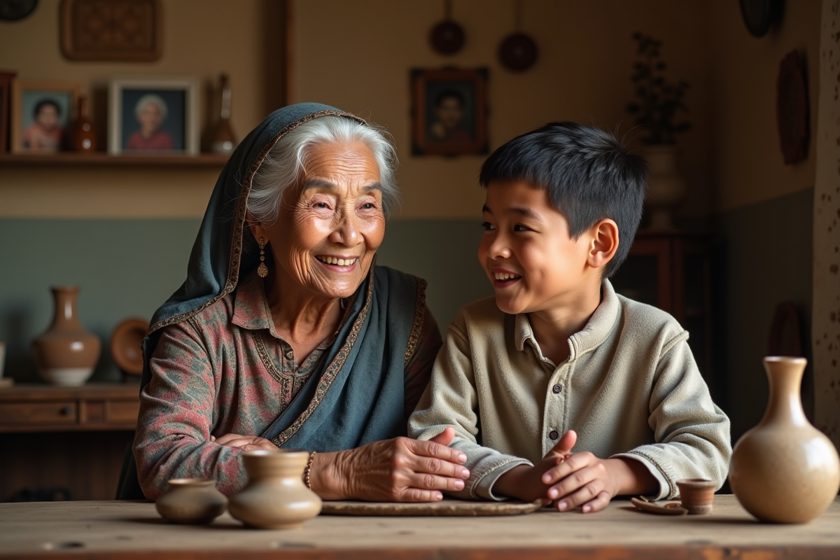 Grand-mère et enfant partageant un souvenir en cuisine