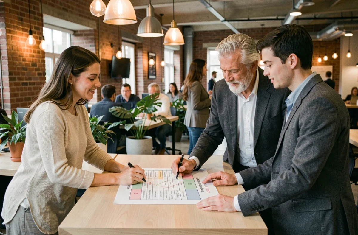 Groupe de professionnels collaborant autour d'une grille d'analyse des styles de management dans un espace de coworking