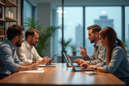 Quatre adultes en réunion dans un bureau moderne