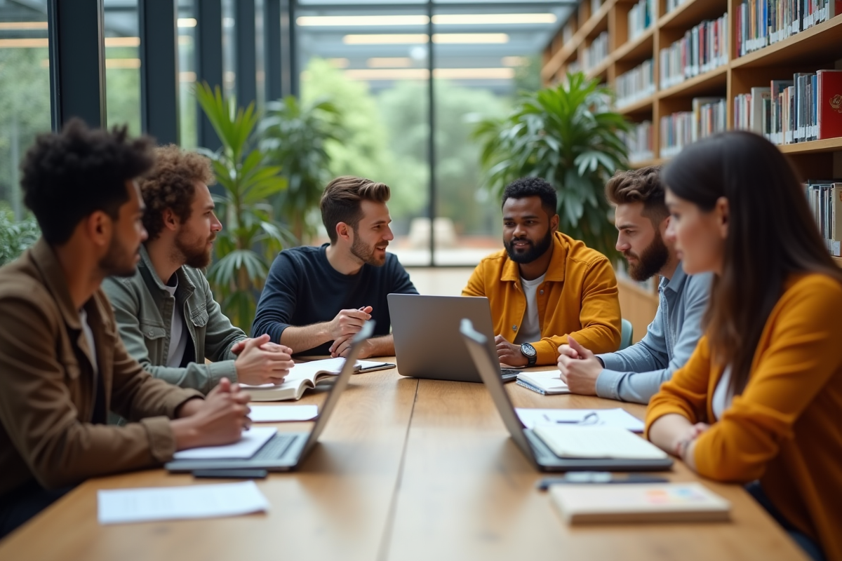 Groupe d'étudiants multiculturels en bibliothèque