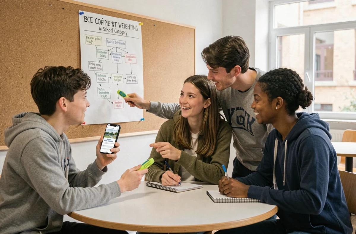 Groupe d'étudiants discutant ensemble de la stratégie des coefficients pour les concours BCE 2026