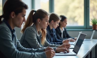 Groupe d'étudiants en classe moderne avec ordinateurs