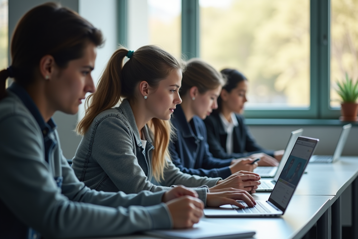 Groupe d'étudiants en classe moderne avec ordinateurs