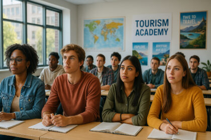 Groupe d'étudiants en tourisme dans une salle moderne