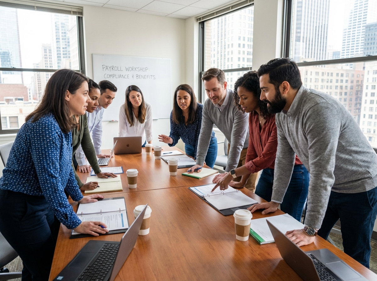 Groupe diversifié en formation paie lors d