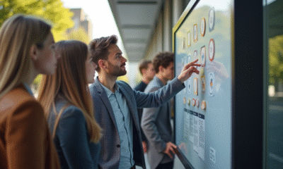 Groupe de jeunes adultes discutant en plein air autour d'une affiche