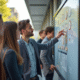 Groupe de jeunes adultes discutant en plein air autour d'une affiche