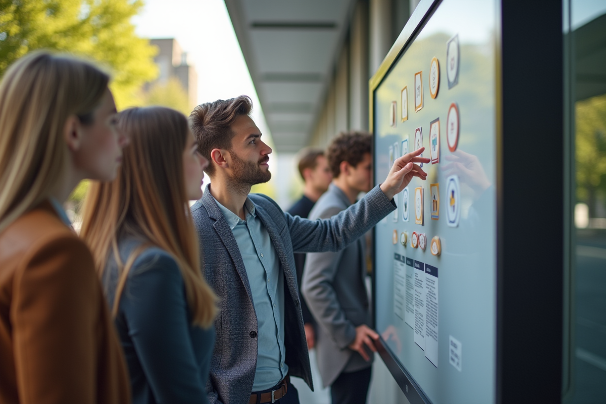 Groupe de jeunes adultes discutant en plein air autour d'une affiche